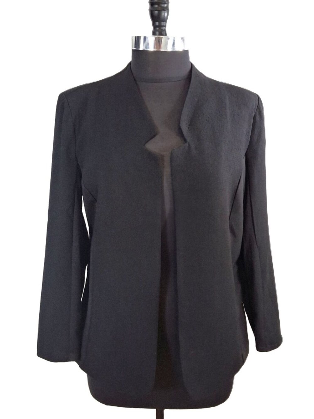 Collarless Open Front Sz L Jacket Blazer Black Stretch Knit Mixed Media Unlined